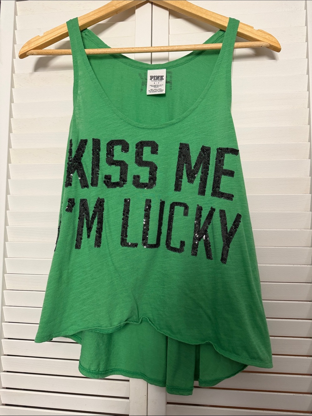 PINK Victoria's Secret Green Sequin 'Kiss Me I'm Lucky' Tank